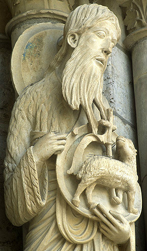 France, Chartres Cathedral, John the Baptist, north porch, centre bay, right jamb, 13th century architectural sculpture