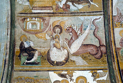 France, Saint-Savin sur Gartempe, Abbey of St Savin, the womanand the dragon scene from the Apocalypse 11-12th century fresco in the narthex