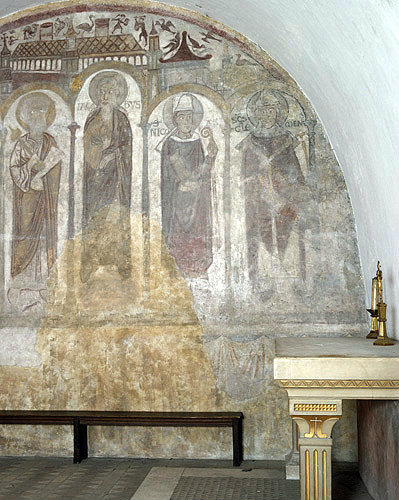 Four saints, detail of twelfth century wall paintings in crypt, Chartres Cathedral, France