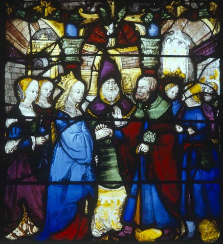 Marriage of Mary and Joseph, 16th century stained glass, Notre Dame, Chalons-en-Champagne, formerly Chalons-sur-Marne, France