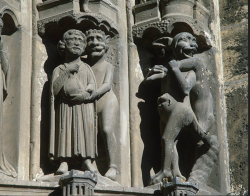 Chartres Cathedral, South Porch, central bay, the damned, devil and miser