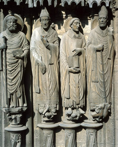 Chartres Cathedral, South Porch, right bay, right jamb Saints Martin,  Jerome,  Gregory, all 13th century St Avitus, 14th century