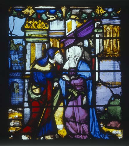 Joachim and Anna at the Golden Gate of Jerusalem, 16th century stained glass, Notre Dame, Chalons-en-Champagne, formerly Chalons-sur-Marne, France