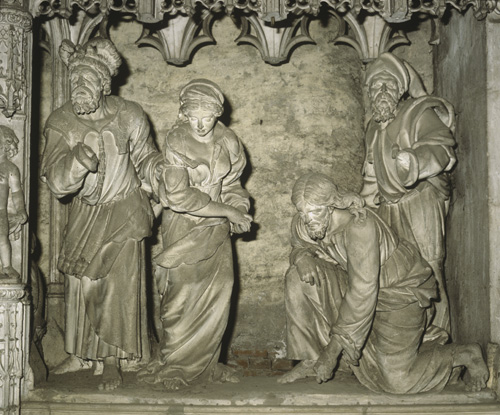 Adultress, sculpture 1682  by Jean de Dieu of Arles, east end of choir screen, Chartres Cathedral, France