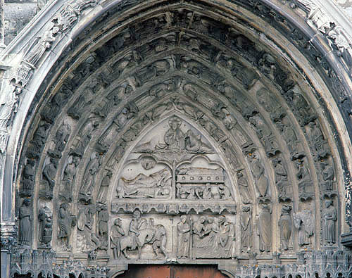 Saints Martin of Tours and Nicholas, thirteenth century, tympanum and lintel, right bay, and archivolts, south porch, Chartres Cathedral, France