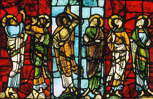 Six apostles from the Ascension window, circa 1145, amongst the earliest stained glass in France, Le Mans Cathedral, France