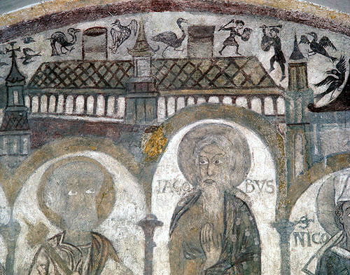 Saints Peter, James and Fulbert, detail of twelfth century wall painting in St Fulberts Crypt, Chartres cathedral, France