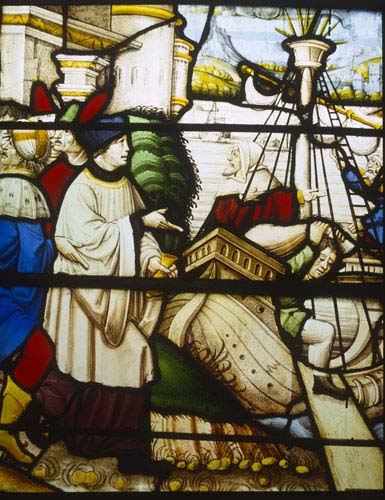St Nicholas procures corn from the inhabitants of Alexandria, 16th century stained glass, Church of St-Florentin,  France