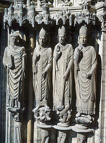 Mitred bishops, thirteenth century, left jamb, right bay, south porch, Chartres Cathedral, France