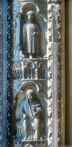 Two figures, thirteenth century, east face, left pier, south porch, Chartres Cathedral, France