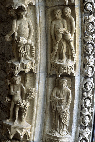 Chartres Cathedral, God and Adam and the four rivers of Eden, Gihon, Pison, Euphrates and Tigris,  thirteenth century architectural sculpture