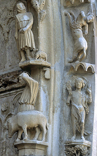 Chartres Cathedral, north porch, right bay, first archivolt, Sagittarius and months, 13th century