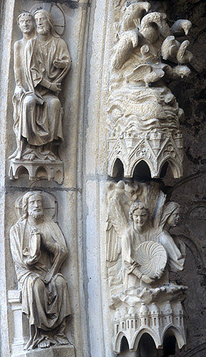 France, Chartres Cathedral, north porch, centre bay archivolt, Creation of Sun and Moon, 13th century architectural sculpture