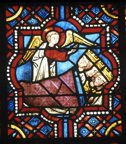 The Dream of the Magi, a panel in one of ten, 13th century window in the church at St Julien du Sault