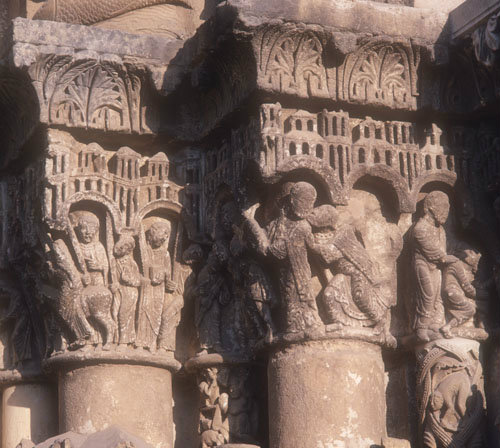 Betrayal and Entry into Jerusalem, twelfth century, left frieze, right bay, Royal Portal, Chartres Cathedral, France