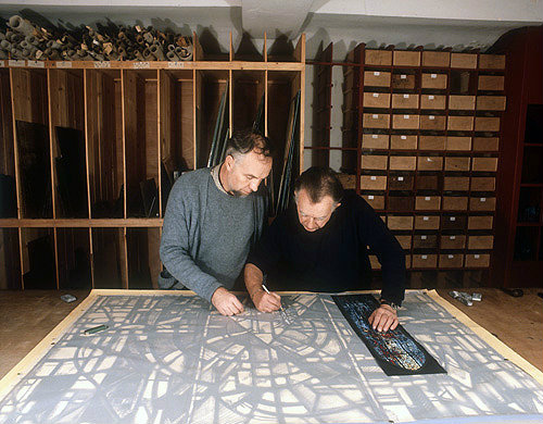 Salisbury Cathedral, Prisoners of Conscience window, Gabriel and Jacques Loire tracing the cartoon through to the template, in Gabriel Loire
