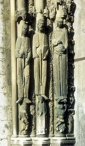 Sculpted figures, twelfth century, left jamb, left bay, Royal Portal, Chartres Cathedral, France