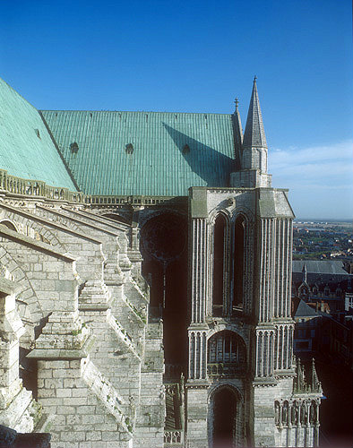 Flying buttresses and roof of south nave, thirteenth century, Chartres Cathedral, France