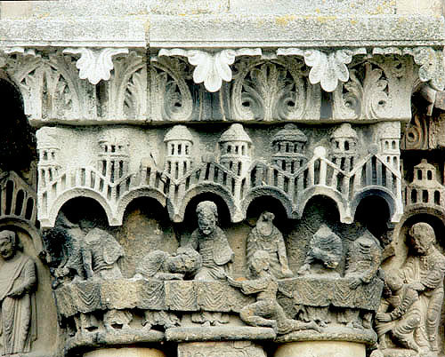 Last supper, signature Araogerus inscribed below, Royal Portal buttress between left and  central bays, Chartres Cathedral, France