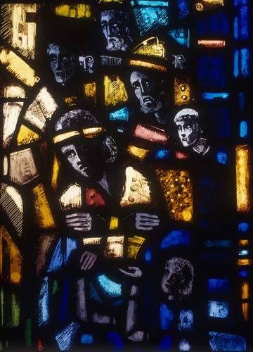 Prisoners of Conscience window,  Pilate, 1980 stained glass by Gabriel Loire, east window, Trinity Chapel, Salisbury Cathedral, Wiltshire, England, Great Britain