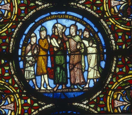 Blindness of the synagogue, 12th century stained glass, St Denis, Paris, France