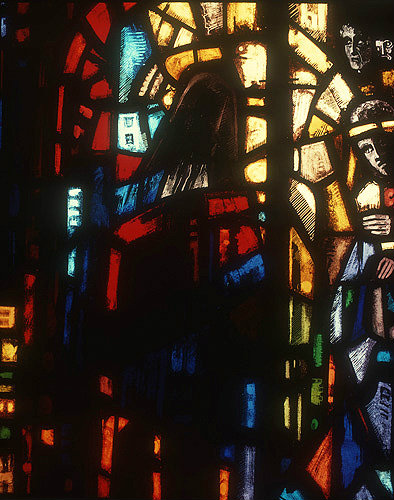 Salisbury Cathedral, Trinity Chapel, Prisoners of Conscience window by Gabriel Loire, lancet B, backview of Christ before Pilate, Gabriel Loire