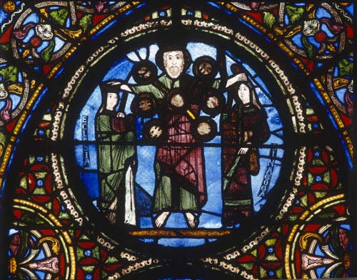 Christ crowning the church and the synagogue, 12th century stained glass, Chapel of St Philippe, St Denis, Paris, France