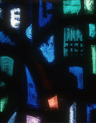 Salisbury Cathedral, Trinity Chapel, Prisoners of Conscience window by Gabriel Loire, lancet E, detail of panel 4, four glass colours, in Gabriel Loire