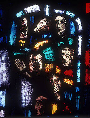 Salisbury Cathedral, Trinity Chapel, Prisoners of Conscience window by Gabriel Loire, lancet D, detail of panel 11, seven heads, Gabriel Loire