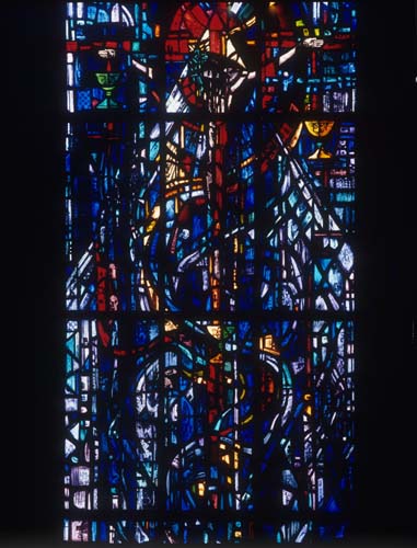 Prisoners of Conscience window, detail of Crucifixion, 1980 stained glass by Gabriel Loire, east window, Trinity Chapel, Salisbury Cathedral, Wiltshire, England, Great Britain