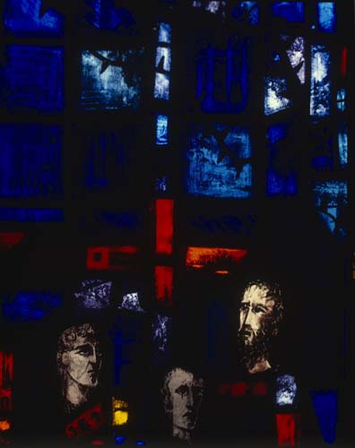 Prisoners of Conscience window, 1980 stained glass by Gabriel Loire, east window, Trinity Chapel, Salisbury Cathedral, Wiltshire, England, Great Britain