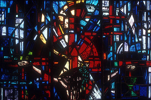 Salisbury Cathedral, Trinity Chapel, Prisoners of Conscience window by Gabriel Loire, lancet C, panels 4, 12, 20, head of Christ, Gabriel Loire