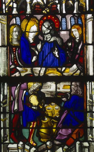 Marriage at Cana, 16th century stained glass, Church of La Madeleine, Verneuil, France