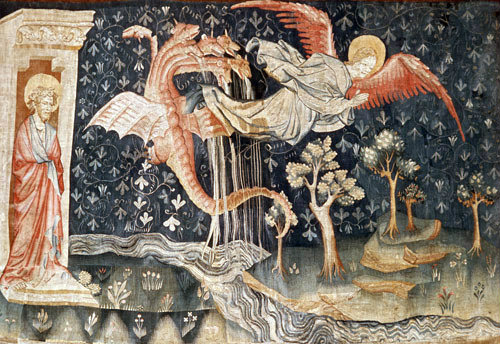 The dragon pursues the woman, Angers Apocalypse tapestry, 1377-82, commissioned by Louis I duc d
