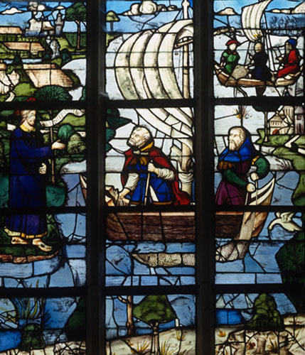Jesus on the shore of Galilee and Apostles in boat, window in La Trinite at Vendome France 16th century