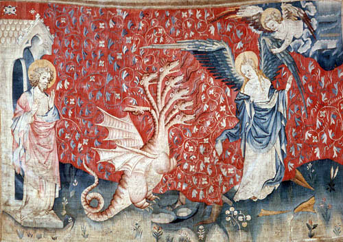 Vision of the woman and  the dragon, Angers Apocalypse tapestry, 1377-82, commissioned by Louis I duc d