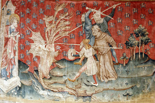 The dragon makes war on the servants of God, Apocalypse tapestry, 1377-82, commissioned by Louis I duc d