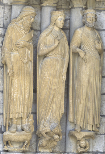 Sculptured figures on the north porch, Balaam, Queen of Sheba and Solomon, right bay, left jamb, Chartres Cathedral, France