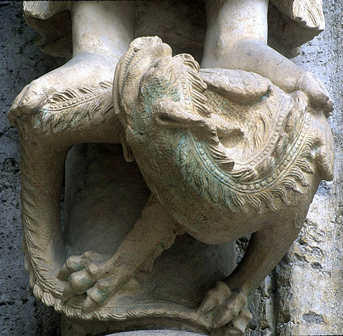 France, Chartres Cathedral, north porch, centre bay, dragon under the Baptist