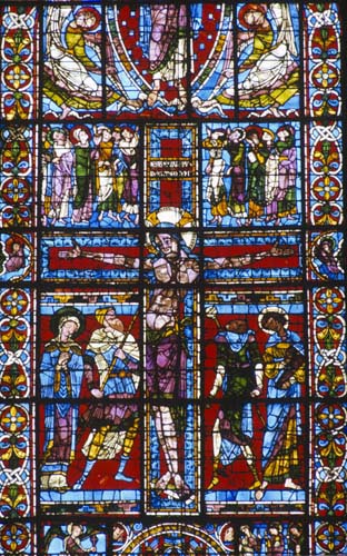 Crucifixion, 12th century stained glass, Poitiers Cathedral, France