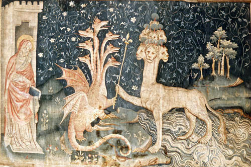 The beast of the sea, Angers Apocalypse tapestry, 1377-82, commissioned by Louis I duc d