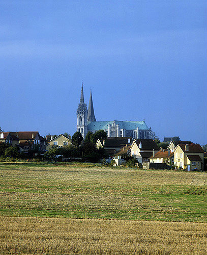 Chartres Cathedral, seen across cornfields from north, Chartres, France