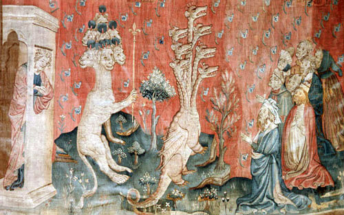 Beasts of the sea and homage of men, Angers Apocalypse tapestry, 1377-82, commissioned by Louis I duc d