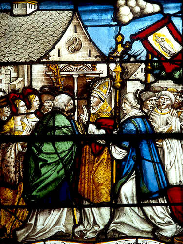 St Martin, Bishop of Tours, has the Monastery of Marmoutier built, St Martin window panel 10, 1528, church of St Florentin, France