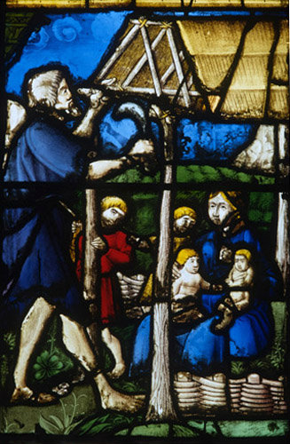 Adam building their house and Eve with Cain and Abel creation window St Florentin Church France 16th century