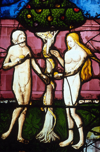 The Serpent gives the apple to Eve detail from the Creation Window in St Florentin Church France 16th century