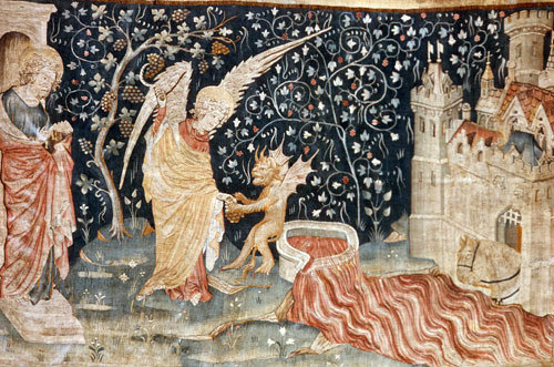 Angel harvesting vintage of the earth, Angers Apocalypse tapestry, 1377-82, commissioned by Louis I duc d