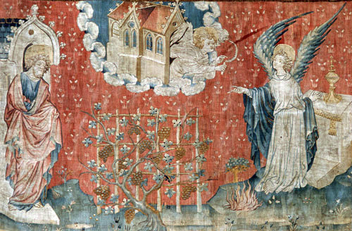 Harvest and vintage of pagans, Angers Apocalypse tapestry, 1377-82, commissioned by Louis I duc d