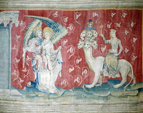 The prostitute on the beast, Angers Apocalypse tapestry, 1377-82, commissioned by Louis I duc d