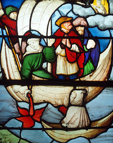 St Nicholas saves a ship from being wrecked in a storm, with Devil disguised as a nun, sixteenth century, church of Saint-Florentin, Yonne, France